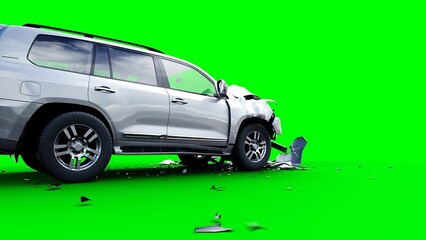 Generic 3d car crash test. Car destruction. Green screen isolate. 3 rendering,