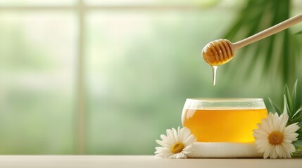 Close-up of Honey Jar with Wooden Dipper Surrounded by Flowers and Greenery in Bright Natural Light, Ideal for Wellness and Food Themes
