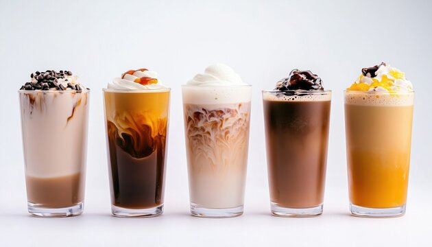 Variety Of Cold Coffee And Milkshakes In Glass On White Background: Cold Brew, Americano, Latte, Cappuccino, Espresso, Frappe, Milkshake, Boba Tea.