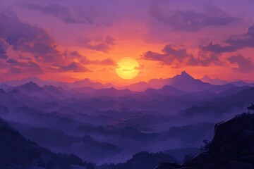 Obraz premium Serene Sunset Over Mountain Landscape with Vibrant Sky Colors