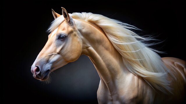 Perlino Quarter Horse Head, Night Photography, Isolated Black Background - Equestrian Stock Photo
