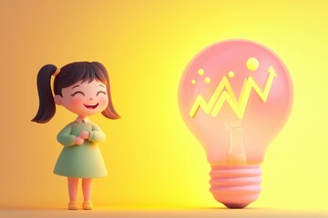A happy girl stands before a glowing lightbulb displaying an upward trending graph, symbolizing growth and ideas.