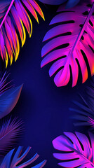 Vibrant tropical leaves in shades of purple and yellow framing a dark background, ideal for design