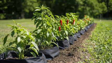 A row of chili pepper plants with red and green chilies
