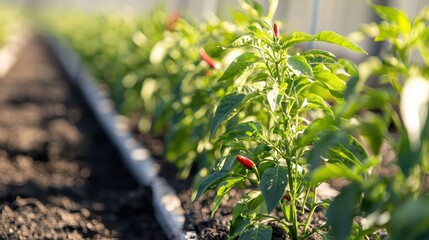 A row of chili pepper plants with red and green chilies