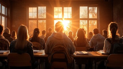 Students are seated in a classroom, focused on a lesson. As the sun sets, warm light streams through the large windows, illuminating the room and creating a serene atmosphere