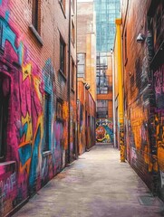 Fototapeta premium Colorful wall graffiti art in alley depicting vibrant shapes and designs, capturing attention and energy. Graffiti Alley. Illustration