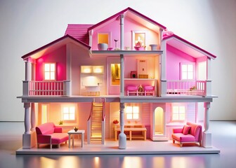 Fototapeta premium Pink Dollhouse with Furniture, Kitchen, Bedroom, Bathroom & Pool - Isolated on White Background