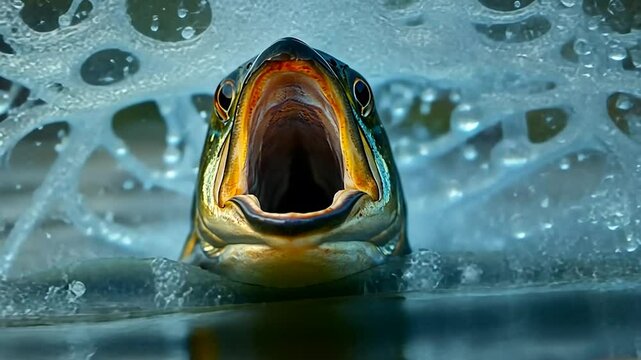 Jumping fish with open mouth, splashing water