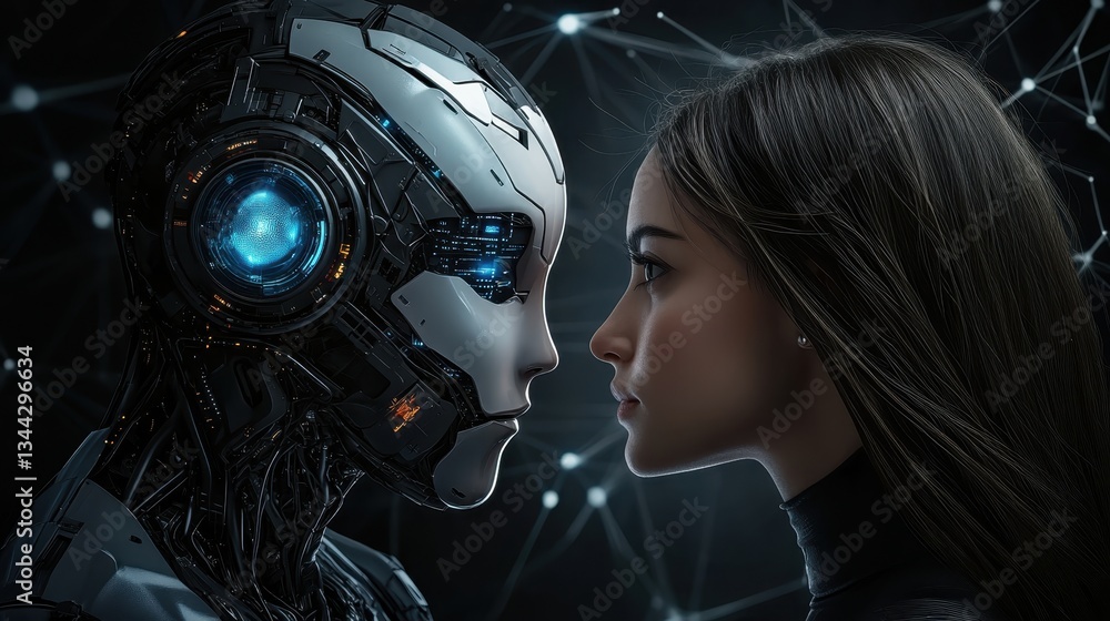 Poster metallic humanoid robot facing human female, close profile shot representing advanced ai interaction