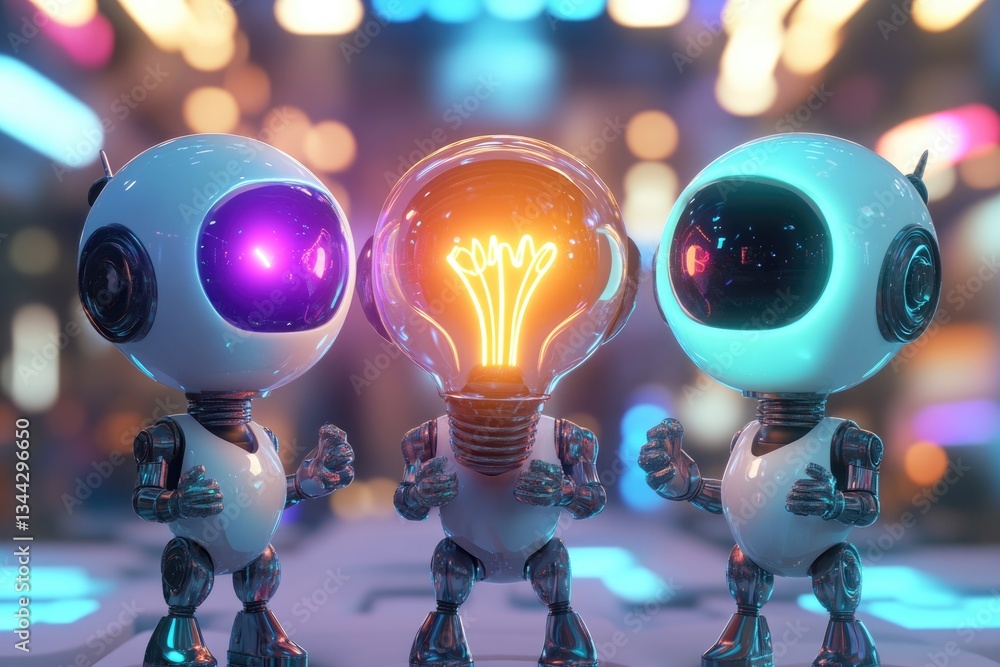 Aufkleber three futuristic robots collaborate, a glowing lightbulb symbolizing innovative teamwork and creativ