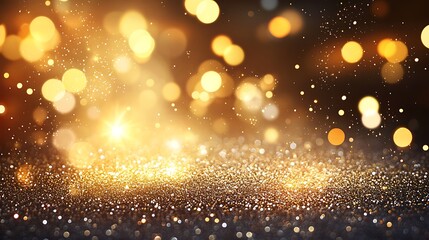 A breathtaking cascade of golden glitter sparkles like a thousand celebratory stars, shimmering with luxurious warmth and festive joy under a dark night sky.