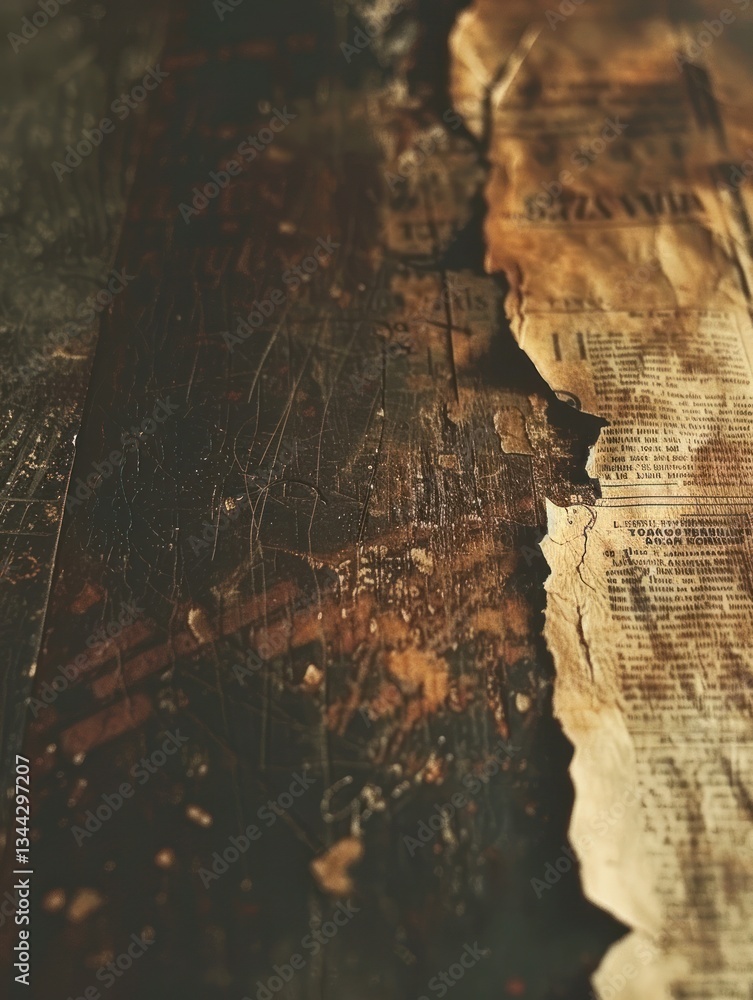 Poster layers of aged newspaper with vintage text create a nostalgic, rustic effect under soft, moody light