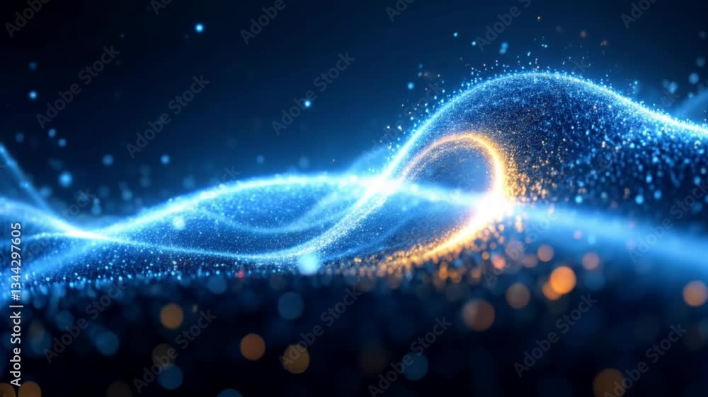 Poster abstract wave of quantum particles forming a glowing vortex, smoothly transitioning with energetic p