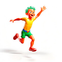 Garoto brasileiro de cabelos verdes feito de pl&aacute;stico correndo alegremente com o bra&ccedil;o erguido