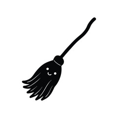 Silhouette vector illustration of a floating witch?s broom with a tiny face on its handle.eps
