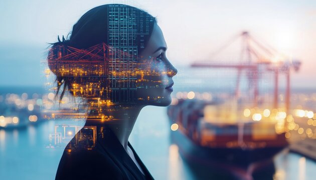 Smart Businesswoman Utilizing Global Business Connection Technology Interface To Manage Partner Connection Of Container Cargo Freight Ship In Double Exposure Image.
