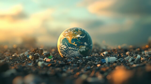 Earth surrounded by heaps of plastic waste illustrating environmental pollution and urgent need for sustainability and responsible waste management practices