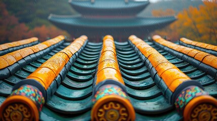 Naklejka premium Vibrant traditional temple roof with colorful tiles under rain in autumn landscape
