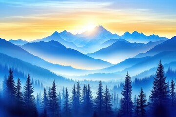 Obraz premium Serene Sunrise Over Misty Mountain Range with Pine Forest Silhouette