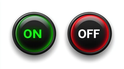Green, red glowing buttons displaying on and off text, contrasting activation versus deactivation, representing binary switching functionality