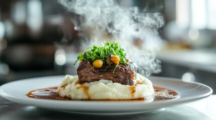 A top-down shot of a kitchen island with a smoked beef short rib dish, plated elegantly with mashed potatoes and sauted greens, steam rising in the background.