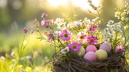 Pastel Easter eggs nestled among spring flowers, radiating warmth and renewal in a serene meadow setting.
