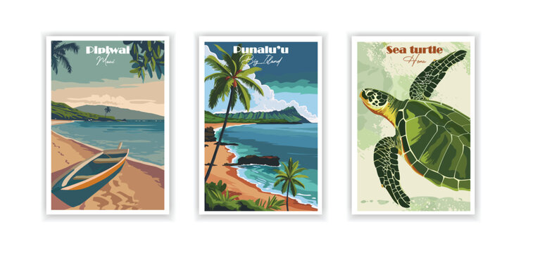Pipiwai (Maui), Punaluu (Big Island), Sea Turtle (Honu) &ndash; Vintage Travel Poster, Hand-Drawn Illustration