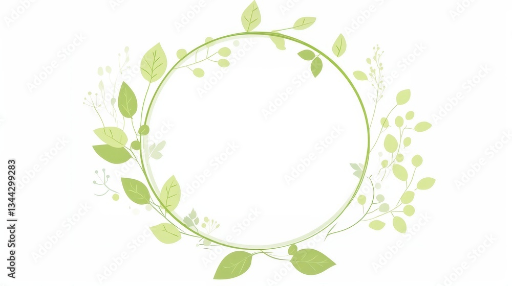 Poster green leaves and branches form a circular frame, creating a natural and elegant border on a clean wh