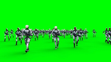 a crowd of walking robots with weapons. green screen.3d rendering.