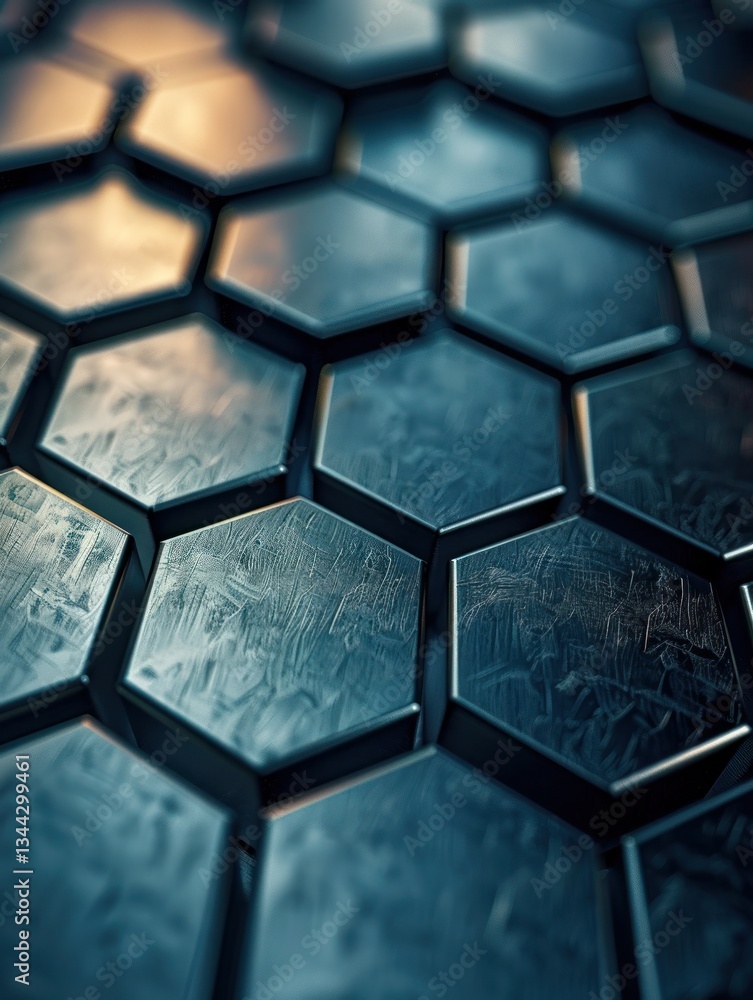 Poster rotating hexagonal plates form a mechanical honeycomb grid, enhanced by soft lighting and a sense of