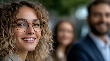 Young professional woman with curly blonde hair and glasses smiling confidently at camera, with blurred coworkers in background. Modern office workplace setting.