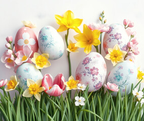 Fototapeta premium Colorful Easter eggs nestled among blooming flowers create a vibrant and cheerful spring decoration for the festive celebration