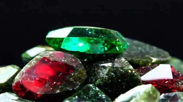 A close-up view of a collection of sparkling Ruby Zoisite gemstones, featuring vibrant green and red colors. The gems are cut in various shapes and reflect light beautifully against a dark background.