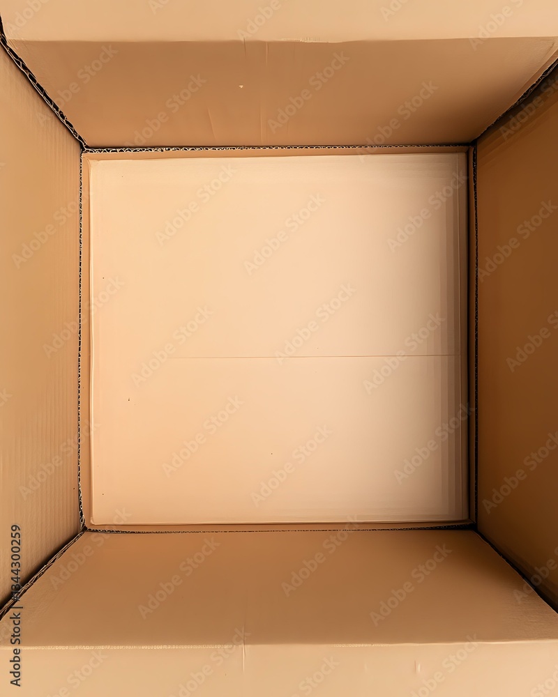 Poster inside view of empty cardboard box showing brown corrugated walls and bottom, minimalist composition