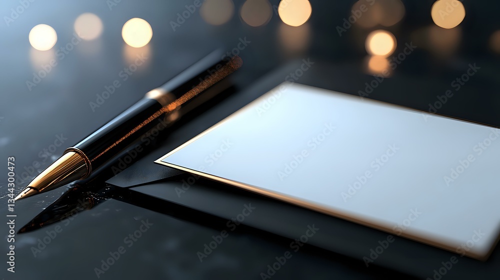 Poster elegant fountain pen resting beside blank white paper on dark reflective surface with soft golden bo