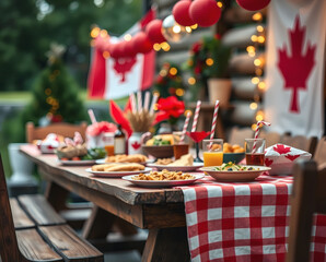 Obraz premium Festive outdoor gathering celebrating Canadian pride with delicious food and joyful decorations