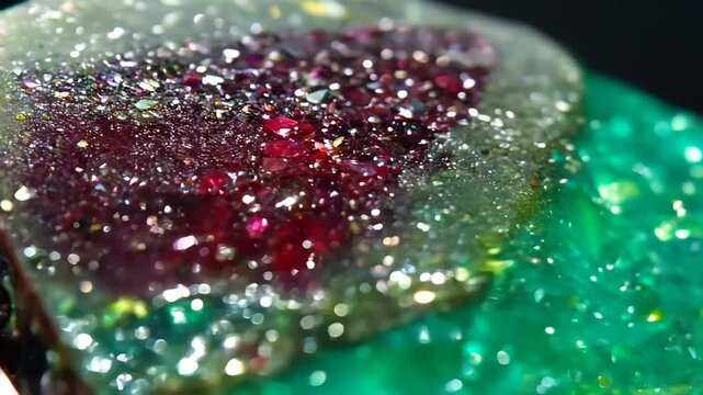Close-up of a colorful, glittering Ruby Zoisite gemstone with shades of green, red, and sparkling crystals.