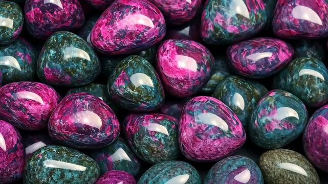 A close-up view of polished Ruby Zoisite gemstones with vibrant colors, featuring shades of pink, purple, and teal. The stones have a smooth, glossy surface and are arranged closely together.