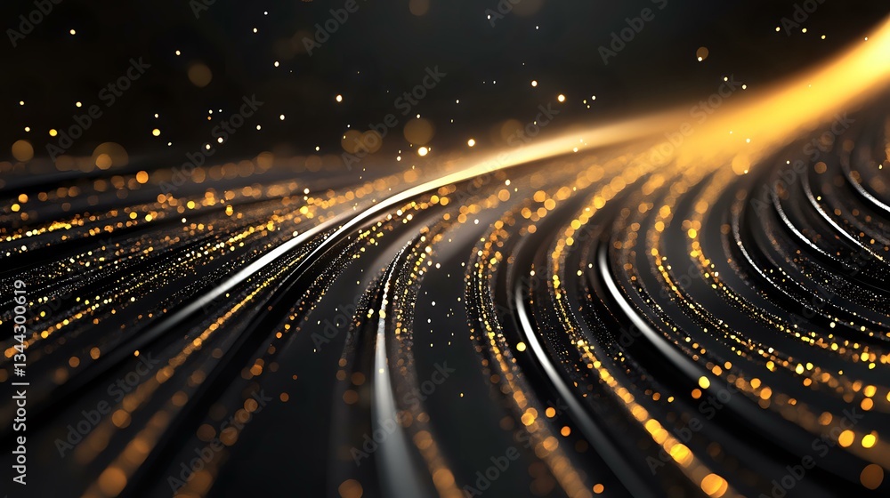Poster glowing golden light trails curve across dark background with sparkling particles and bokeh effects 