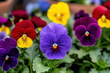 Vibrant Multicolored Pansy Flowers in Natural Garden Setting
