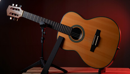 Naklejka premium Guitar resting elegantly on a stand with soft lighting, music symbolism