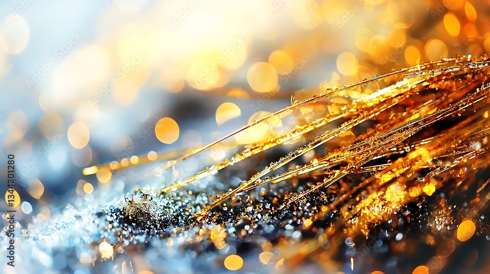 Poster close-up of shimmering golden strands with soft focus background of light bokeh effects and texture