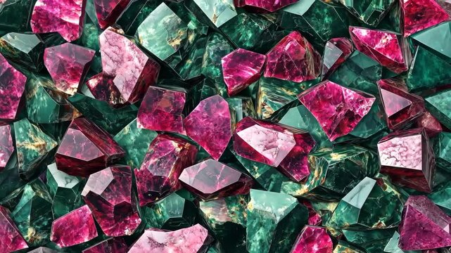 A vibrant collection of multicolored Ruby Zoisite gemstones, featuring deep green and rich pink hues. The crystals are irregularly shaped, showcasing their natural beauty and shine.