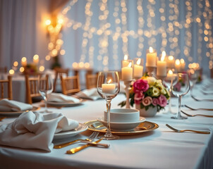 Elegant candlelit dinner setting surrounded by soft lights and floral arrangements creates a warm and inviting atmosphere for special gatherings