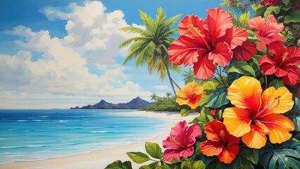 tropical background with hibiscus flowers and palm leaves on a sunny day