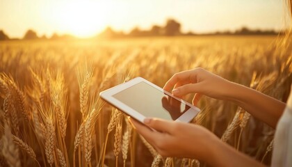 Agronomist Studying Wheat Harvest In Field Using Digital Tablet; Farmer Woman Touching Ears Of Wheat In Agricultural Business Setting.