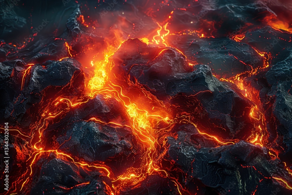 Poster lava flows in honeycomb patterns, lighting deep cracks on a dark volcanic surface, showcasing raw po