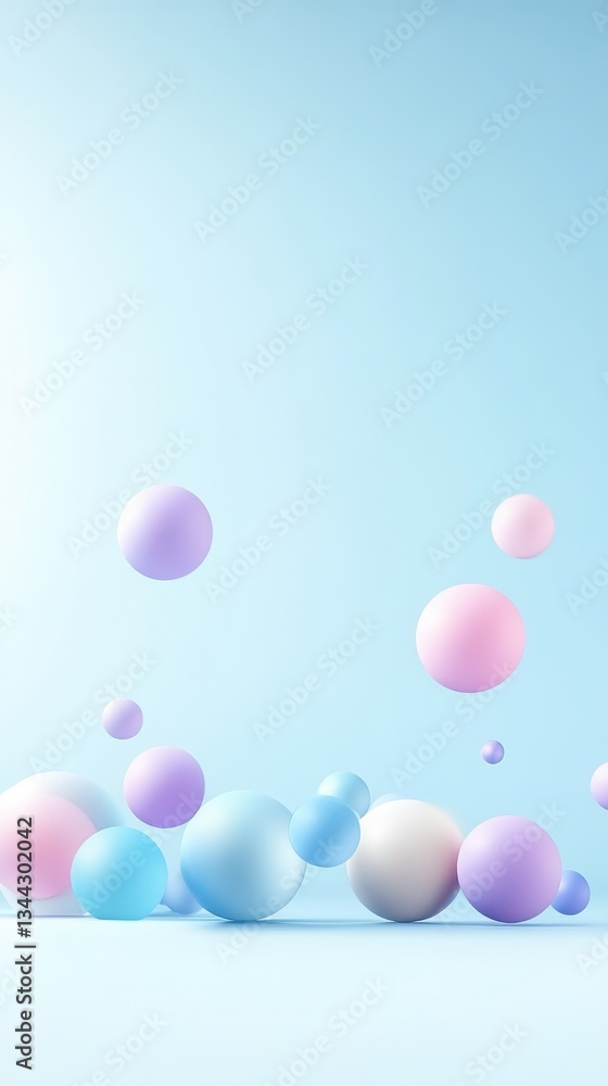 Poster pastel colored spheres varying in size hovering and settling on soft blue backdrop, generating whims