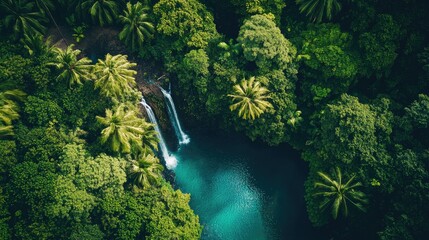 Tranquil aerial view of a tropical island, featuring lush greenery and cascading waterfalls.